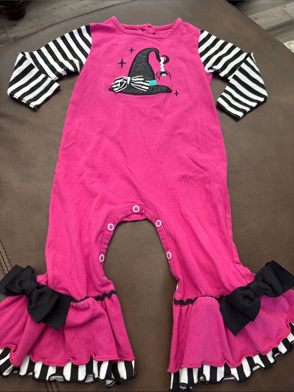 Pink Witch Hat Ruffle Romper with Striped Sleeves